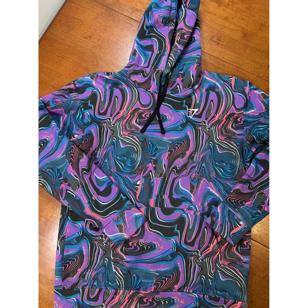 Gymshark Hoodie Mens Small Purple Blue Swirl Psychedelic Pullover Sweatshirt
